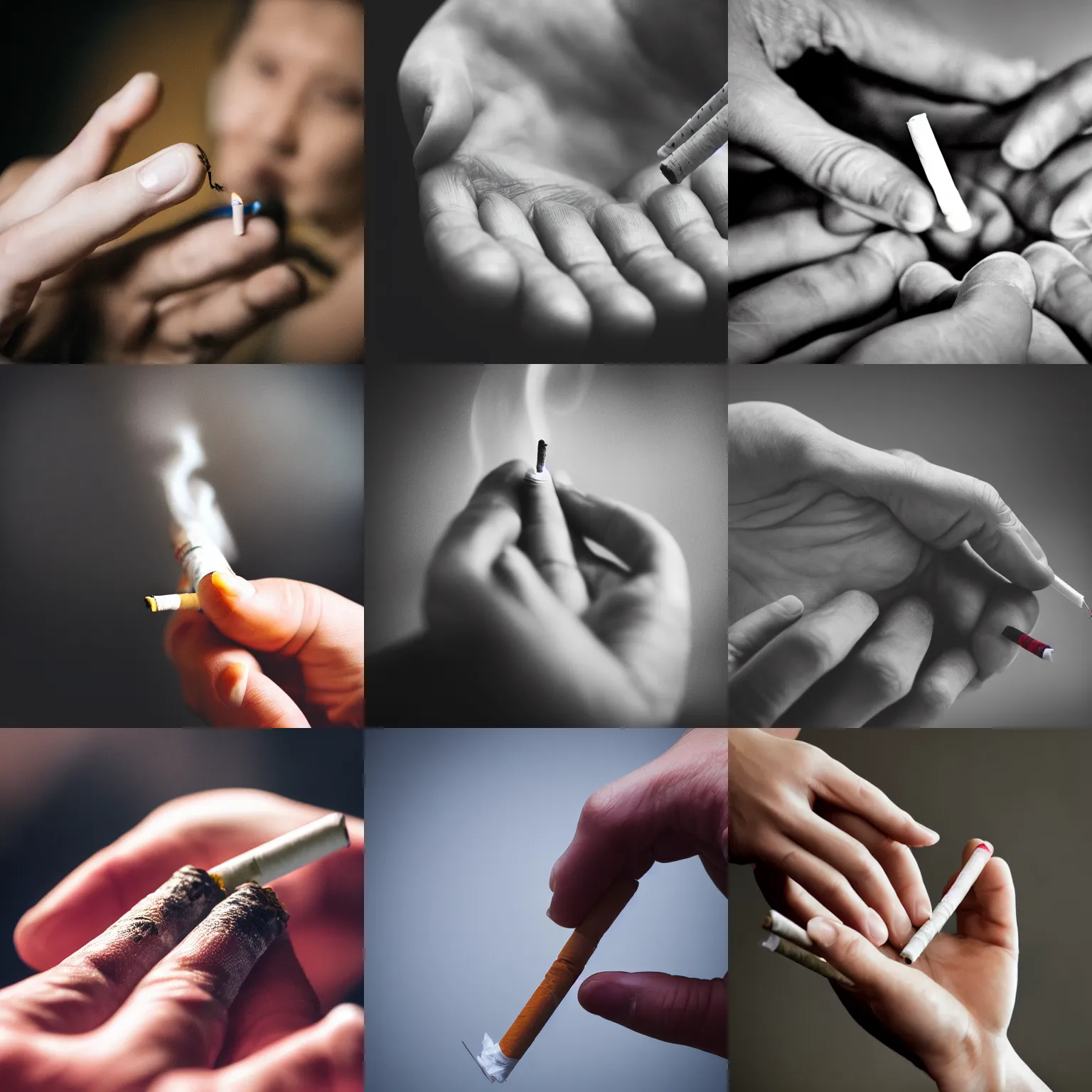 Prompt: professional portrait of hand, hand holding lit cigarette, sharp focus, hdr, caustic lights, volumetric lighting, atmospheric lighting