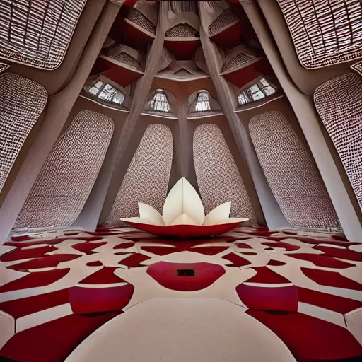 Image similar to interior of a futuristic lotus temple with gold, red and white marble panels, in the desert, by buckminster fuller and syd mead, intricate contemporary architecture with art nouveau motifs, photo journalism, photography, cinematic, national geographic photoshoot