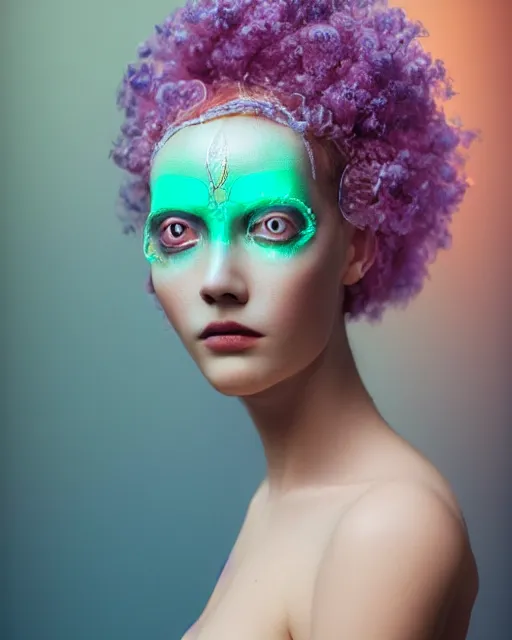 Image similar to natural light, soft focus portrait of an android with soft synthetic pink skin, blue bioluminescent plastics, smooth shiny metal, elaborate ornate head piece, piercings, skin textures, by annie liebovotz,