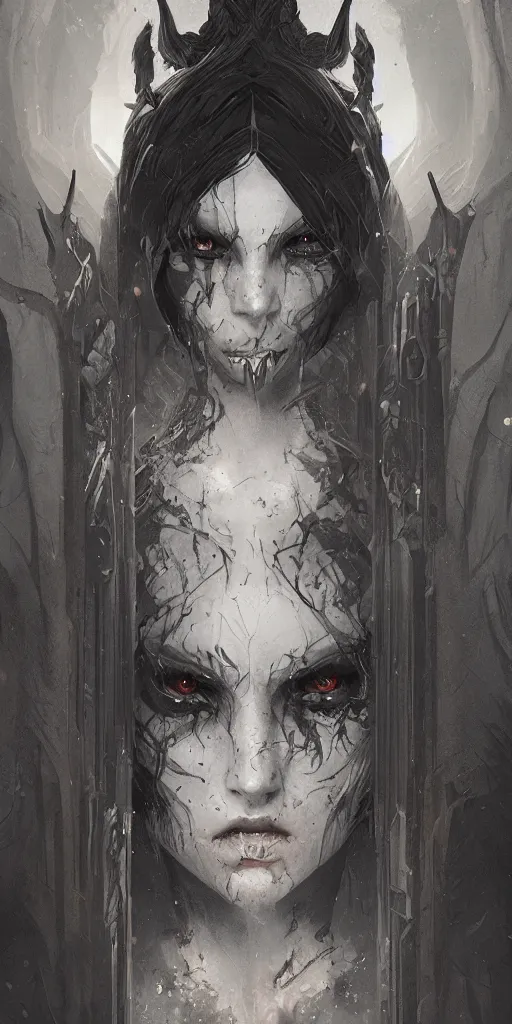 Image similar to a demon girl at the gates of hell, flawless symmetrical pretty cute face, greg rutkowski, 8 k, shallow depth of field, intricate detail, concept art,