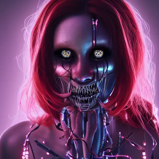 Prompt: a terrifying but beautiful woman with, wires for hair, glowing eyes, razor sharp teeth, computers, horror, studio lighting, 8 5 mm f 1. 8, cyberpunk, art by, masterpiece, trending, highly detailed, realistic