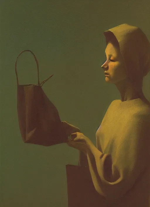 Image similar to woman with a paper bag over the head and a sward Edward Hopper and James Gilleard, Zdzislaw Beksinski, Steven Outram highly detailed