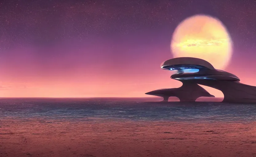 Prompt: a beautiful matte painting of a futuristic spaceship landing on an alien beach at dusk. vibrant colors, no man's sky, atmospheric.