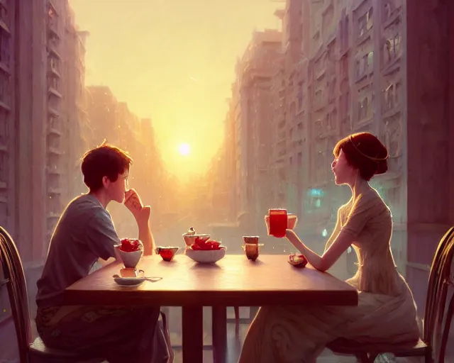 Image similar to photography of breakfast at tiffany's, different snap shots of the movie, intricate, elegant, highly detailed, digital painting, artstation, matte, illustration, art by artgerm, greg rutkowski, loish, rhads, ferdinand knab, makoto shinkai, lois van baarle, ilya kuvshinov, rossdraws, tom bagshaw