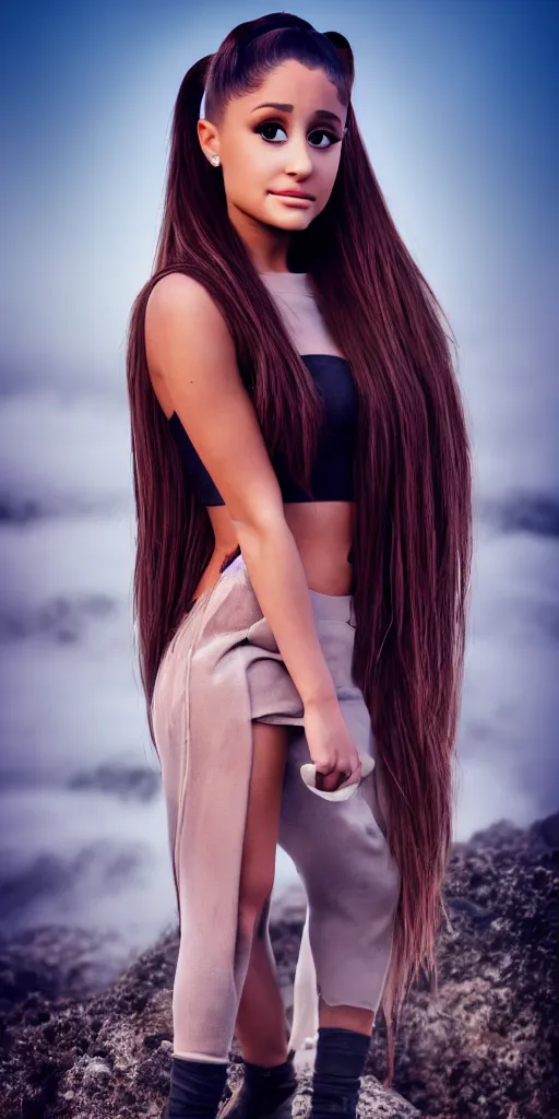 Image similar to professional photo shot of a ariana grande made of clay, rocks in the background, surrounded by of fog, grimy, gritty, trending on artstation, award winning, close shot, by aleks labuda and barry webb