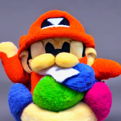 Image similar to a yarn plush doll of wario riding a yoshi