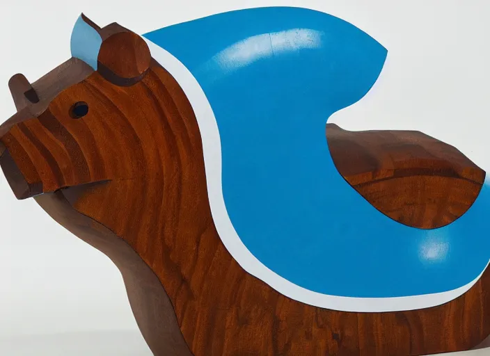 Image similar to a minimalist curvy shaped sculpture of hippopotamus!, ( ( wood ) ) and ( ( blue epoxy ) ) on top mix, cubic blocks stripes cuts, side view profile centered, studio, design, object, reddit