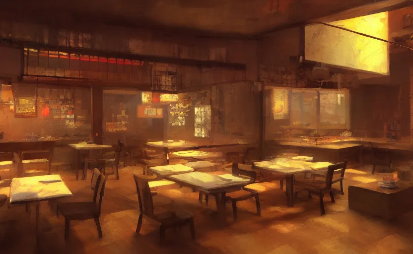 Image similar to a small Japanese restaurant interior, painting by Craig Mullins, octane rendering, soft lighting, wide angle lens, low view, in the style of Pixar animation, trending on artstation,