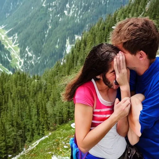 Prompt: loving couple frightened hungry and lost on an austrian mountain