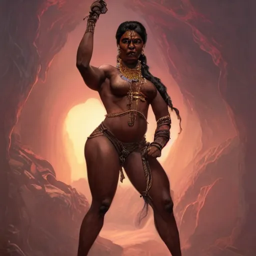 Image similar to full body painting of a black muscular south indian woman, sari, ultra realistic, concept art, intricate details, eerie, horror, highly detailed, photorealistic, octane render, 8 k, unreal engine. art by artgerm and greg rutkowski and alphonse mucha