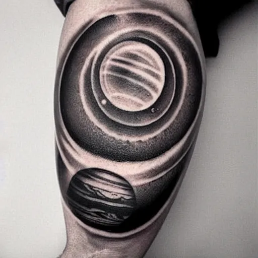 Image similar to tattoo design of abstract solar system with orbits and planets, thin lines of ink with colors