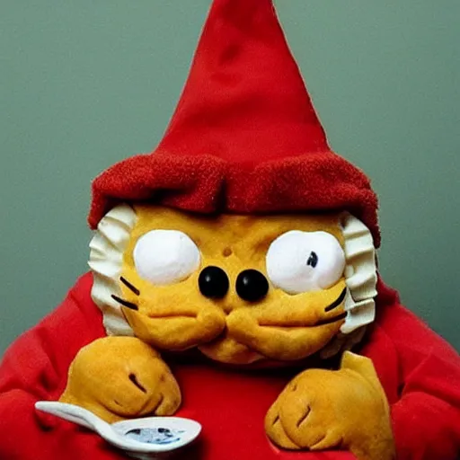 Prompt: “ garfield the cat dressed as a gnome eating lasagna ”