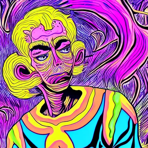 Image similar to a psychedelic godlike humanoid, hyper detailed, in the style of rutkowski and junji ito and bob ross and lisa frank, selfie