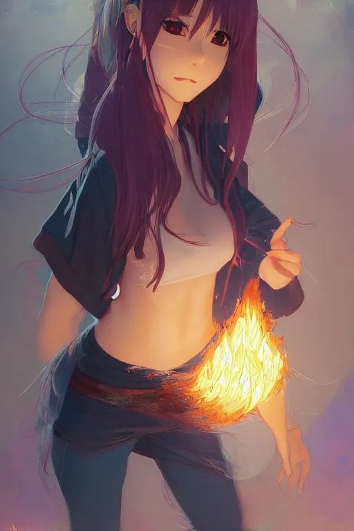 Prompt: anime key visual of a pretty sorcerer girl, wearing sweatpants and a crop top, practicing fire spells in her bedroom, intricate, lofi feel, magical, highly detailed, digital painting, artstation, smooth, hard focus, illustration, art by artgerm and greg rutkowski and alphonse mucha
