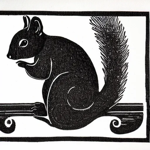 Image similar to squirrel, cute, block print, simple stylized, black ink on white paper