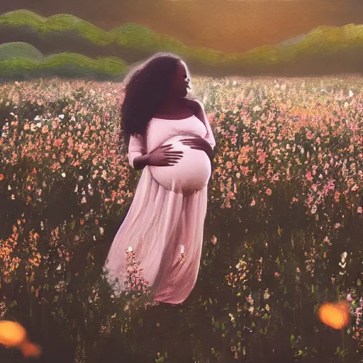 Image similar to pregnant black woman with curly hair in a vast field of flowers, laying down, a tiny black puppy running around, golden hour, vintage, impressionist painting, fine art, oil painting, dreamy, pastel, laughing, happy, intricate details, sharp, peaceful, serene