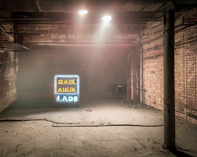 Image similar to An abandoned industial basement lit by a neon sign that says GAK, GAK sign, basement, cinematography by Robby Müller, GAK basement, industrial