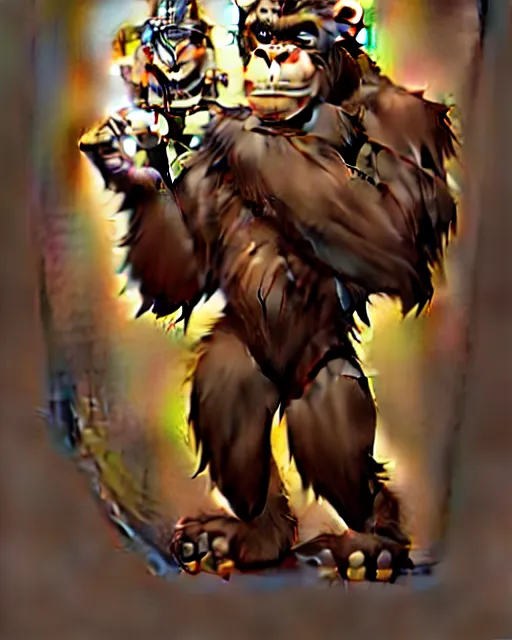 Image similar to don bluth, loish, artgerm, joshua middleton, steampunk, clockpunk anthropomorphic gorilla, brown suit, smiling, symmetrical eyes symmetrical face, colorful animation forest background