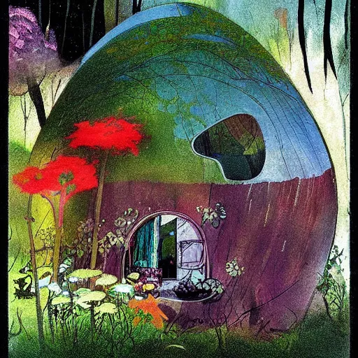 Prompt: A pod home in the forest, bright colors, bloom, cool colors, moody, by Dave mckean and studio ghibli