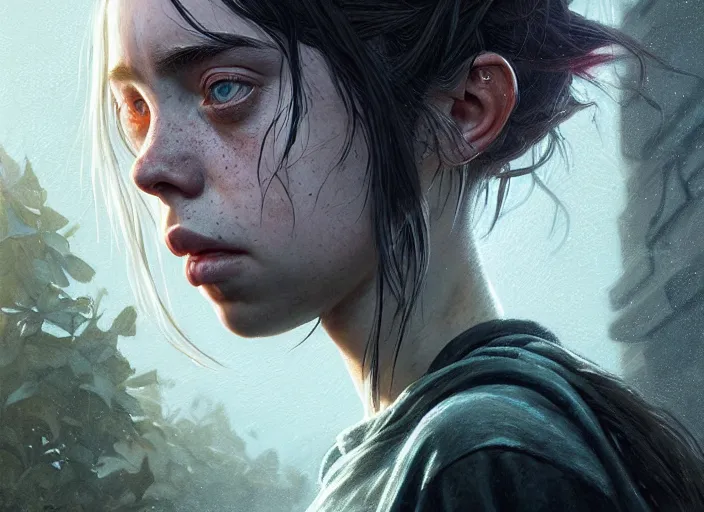 Image similar to highly detailed portrait of billie eilish, in the last of us, stephen bliss, unreal engine, fantasy art by greg rutkowski, loish, rhads, ferdinand knab, makoto shinkai and lois van baarle, ilya kuvshinov, rossdraws, tom bagshaw, global illumination, radiant light, detailed and intricate environment