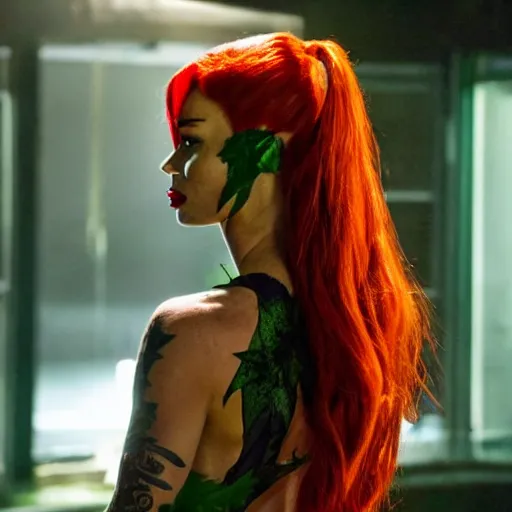 Image similar to stunning awe inspiring megan fox as poison ivy, movie still 8 k hdr atmospheric lighting