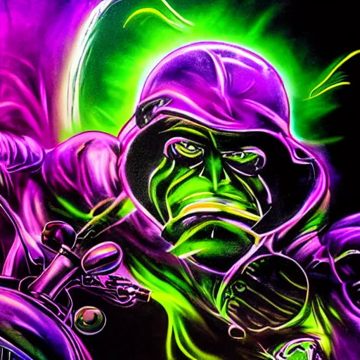 Image similar to psychedelic blacklight airbrush artwork, action shot of an orc biker riding a motorcycle, airbrushed on a black background