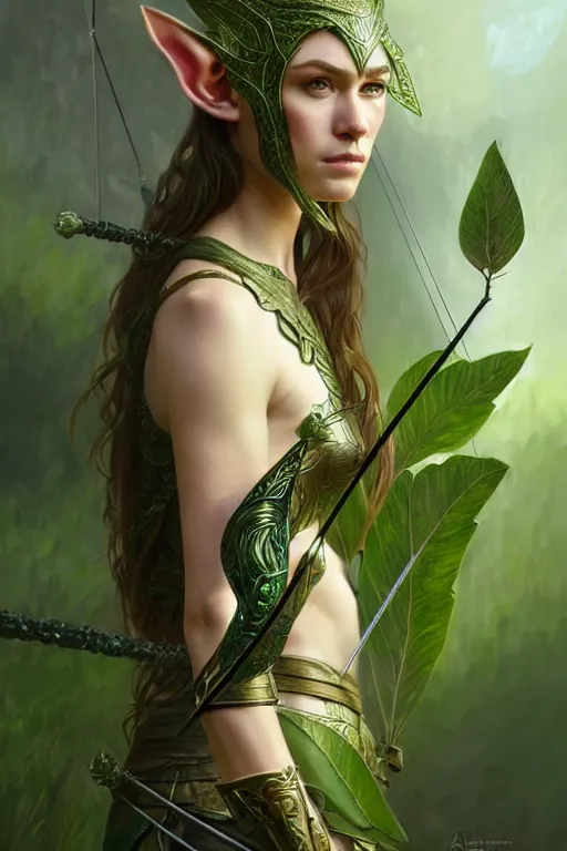 Image similar to male elven Archer armor made of green leaves, fantasy, amber eyes, face, long hair, intricate, elegant, highly detailed, digital painting, artstation, concept art, smooth, sharp focus, illustration, art by artgerm and greg rutkowski and alphonse mucha