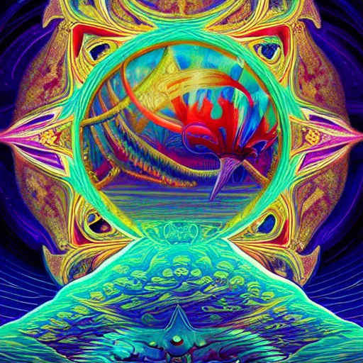 Image similar to An extremely psychedelic abstract illustration of an 3d nautical star, colorful, surreal, dramatic lighting, magic mushrooms, psilocybin, LSD, detailed, intricate, elegant, highly detailed, digital painting, artstation, concept art, smooth, sharp focus, illustration, art by Krenz Cushart and Artem Demura and alphonse mucha, unreal engine 5 render, 8k