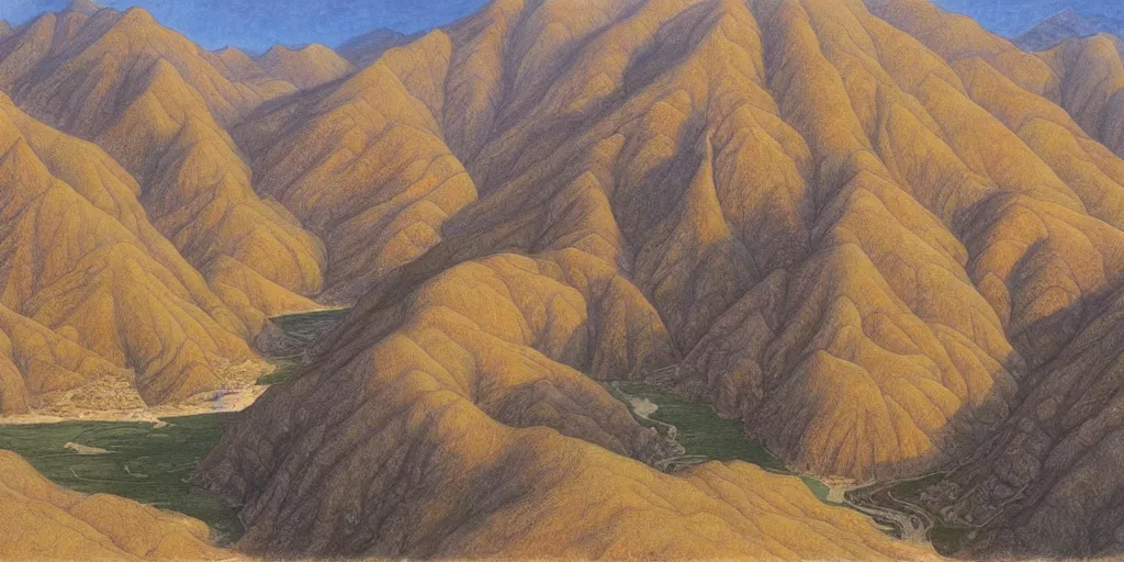 Image similar to art by john howe of the cinematic view of the yili apricot valley