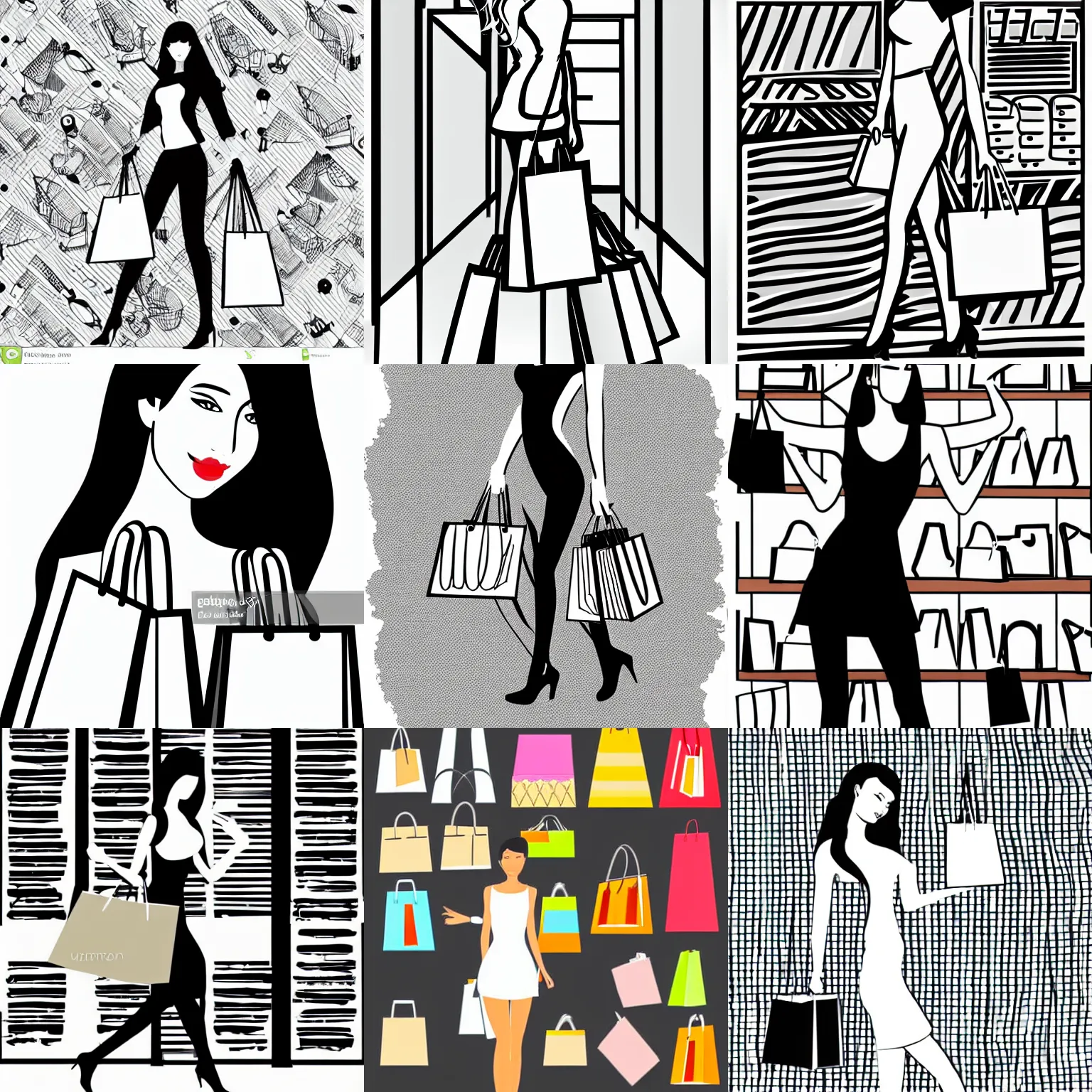 Prompt: illustration vector fine line art of a full shot pretty sexy shopping girl with shopping bags,trending on shutterstock