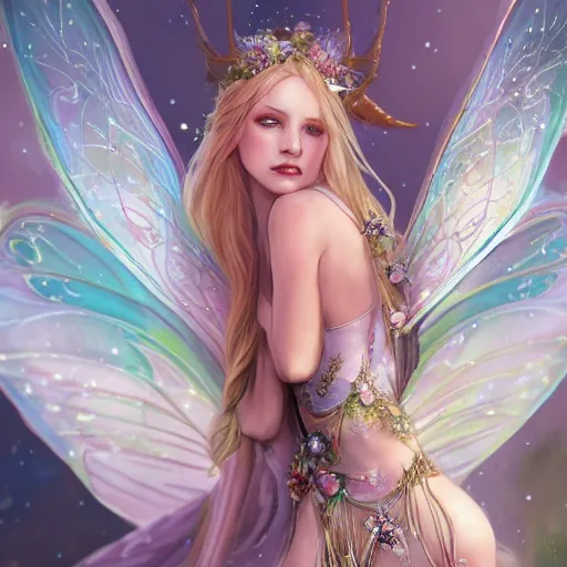 Image similar to detailed portrait of a fairy queen with wings wearing a silk robe, pixie, iris, realism, emerald, galaxy, sapphire,blonde hair going down to the floor, moonlit, , dark fantasy, detailed, magical, fairy, elf, dramatic lighting, cgsociety, artstation