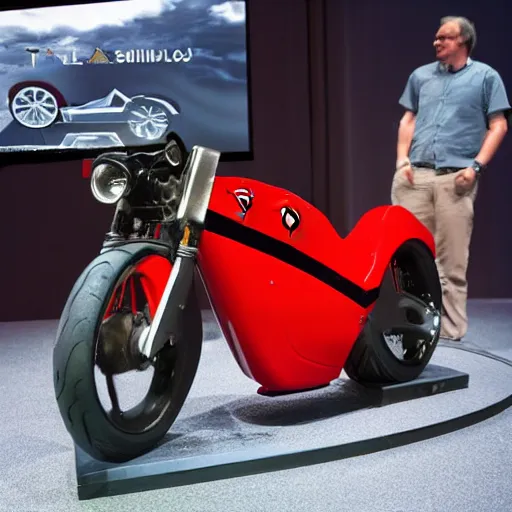 Image similar to a tesla motorcycle, prototype demo at the hall of science