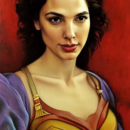 Image similar to Oil painting of the beautiful woman Gal Gadot, she is wearing some withe old cloths and a surreal ornate, her hair is natural disheveled, she has an ancient italian village as background, naturalism, dramatic lighting, high-detailed oil painting by Ilya Repin, Michelangelo da Caravaggio, William Blake, Alex Grey and Beksinski, trending on Artsatio, masterpiece, 4k, 8k,