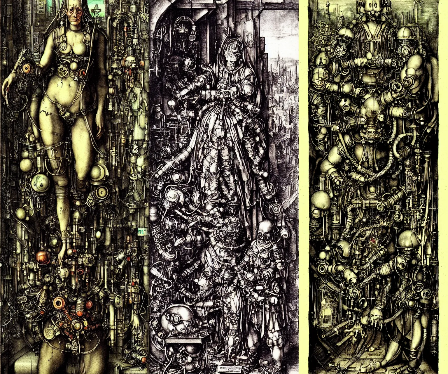 Prompt: cyberpunk science-fiction very professional colourised illustration by Albrecht Dürer with very disturbing atmosphere, inspired by WLOP Joe Fenton old vintage Victorian England engraving