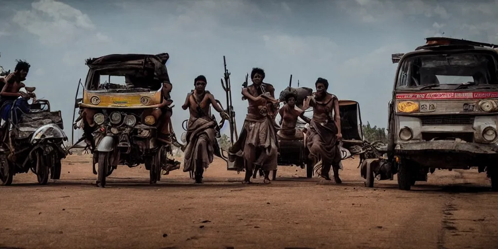 Image similar to sri lankan mad max style, tuk tuk, film still, epic shot cinematography, rule of thirds