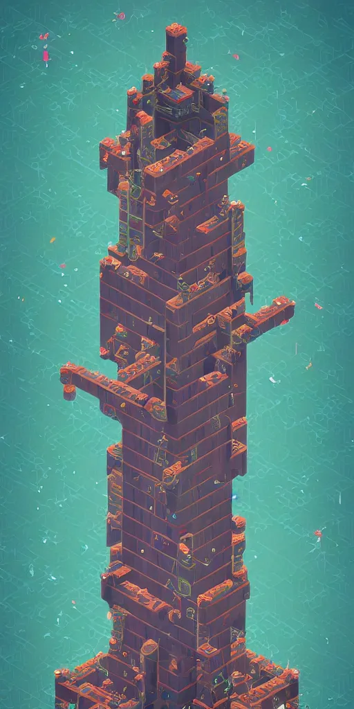 Image similar to isometric portrait of advanced alien, his last moment, mystical, magicavoxel intricate ornamental tower floral flourishes, technology meets fantasy, map, infographic, concept art, art station, style of monument valley, giger, wes anderson