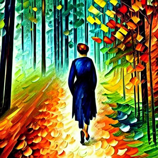 Prompt: a person walking through a forest, art by leonid afremov and giacomo balla and ivan bilibin,