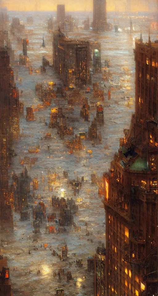 Image similar to the sea flooding the entire city of modern new york. you can see the water entering buildings highly detailed painting by gaston bussiere, craig mullins, j. c. leyendecker