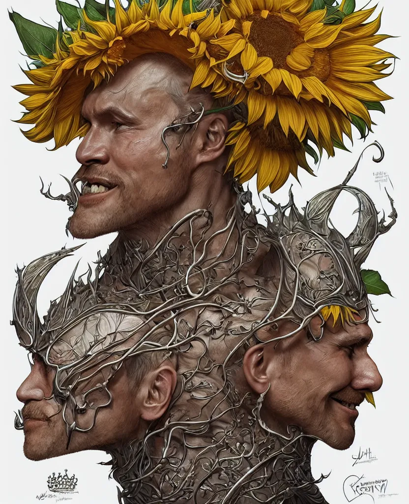 Image similar to digital art, centered full body of Putin smiling king, Sunflower crown, ,intricate, veins, by James Jean and by artgerm , by ross tran ultradetailed, charachter design, concept art, trending on artstation,