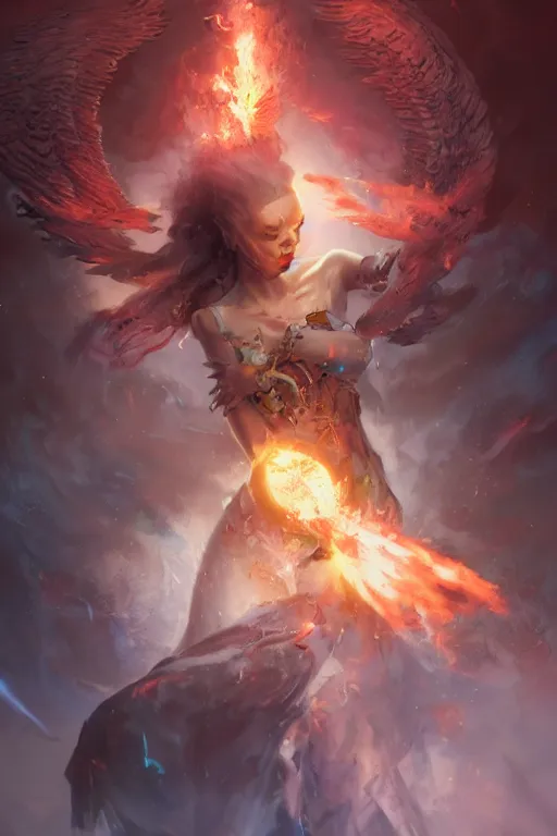 Prompt: beautiful girl necromancer, witch - doctor exploding into space casting spell, angels, 3 d render, hyper - realistic detailed portrait, holding fire and electricity, ruan jia, wlop. scifi, fantasy, magic the gathering, hyper detailed, octane render, concept art, peter mohrbacher