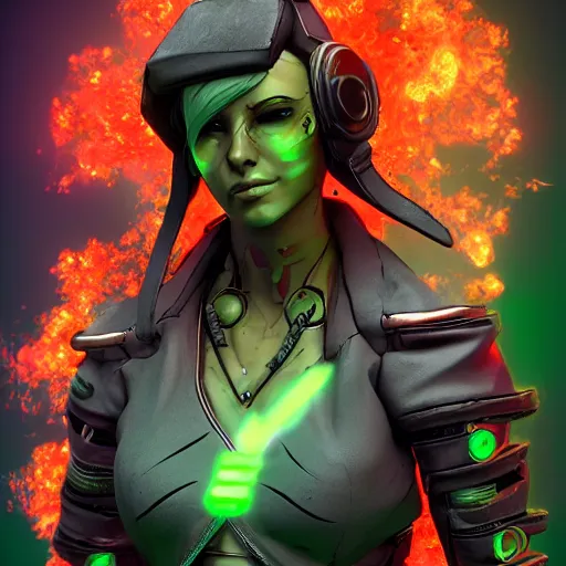 Image similar to cyberpunk fashion, character design humanoid, borderlands 3 style, profile portrait, concept art character modeling, body made of green lava and fire, marvelous designer, z brush, maya, digital 3 d, 4 k, epic size, epic scale, ultra detailed digital art, furry art, macro art, deviantart, realistic