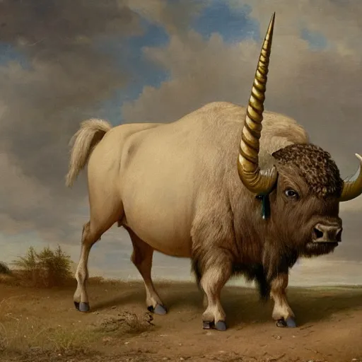 Image similar to A Buffalo with a unicorn horn emerging from its head, painting