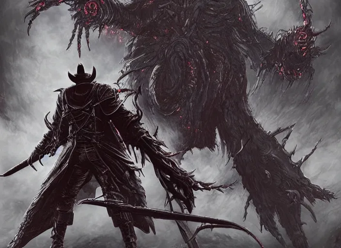 Prompt: misato katsuragi as a boss in bloodborne, dark souls boss, eldritch imagery, evil creature, epic battle, dangerous cinematic, concept art, gothic, highly detailed