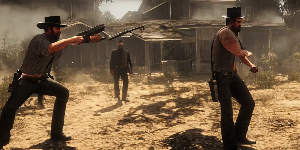 Image similar to A crossover game between Max Payne 3 and Red Dead Redemption 2, screenshot