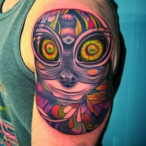 Prompt: shoulder tattoo of a multicolored psychedelic cute bush baby, eyes are colorful spirals, surrounded with colorful sparkeling flowers and irisdescent marihuana leaves, insanely integrate
