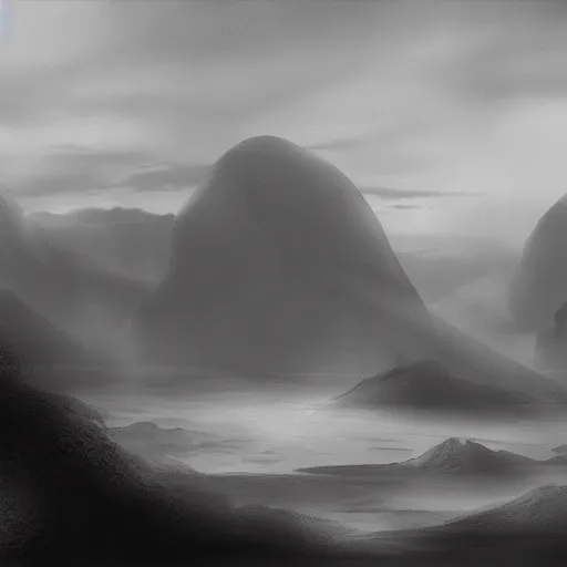 Image similar to the dawning of a new age, black and white matte painting