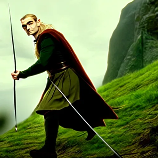 Prompt: mr. bean as legolas from lord of the rings. movie still. cinematic lighting.