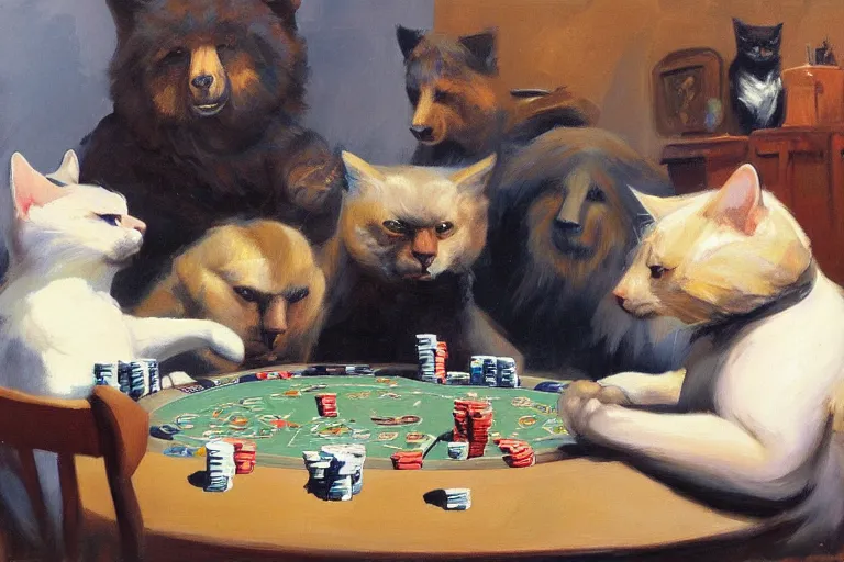 Image similar to 2 animals, cat, bear, playing poker, highly detailed beautiful, by gregory manchess, james gurney, james jean