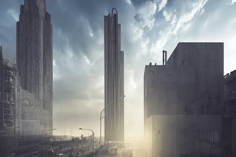 Image similar to streetscape, a towering cathedral of brutalist architecture, buildings covered with greebles, stunning volumetric light, sunset, metal, concrete and translucent material, stunning skies, majestic landscape, trending on Artstation, 8k, photorealistic, hyper detailed, unreal engine 5, IMAX quality, cinematic, epic lighting, in the style of Greg Rutkowski