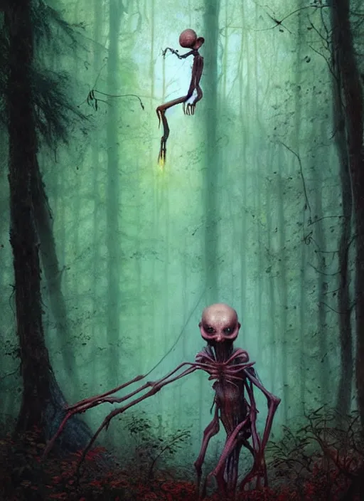 Image similar to hyper realistic spooky alien in the woods in a river gorgeous lighting, lush forest foliage blue sky a hyper realistic painting by chiara bautista and beksinski and norman rockwell and greg rutkowski, tom bagshaw weta studio, and lucasfilm